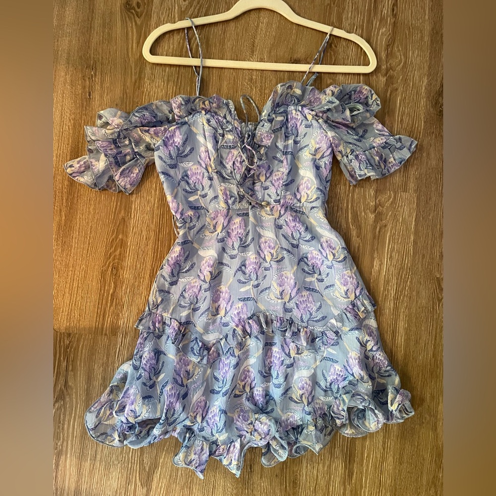 Blue off the shoulder mini dress
